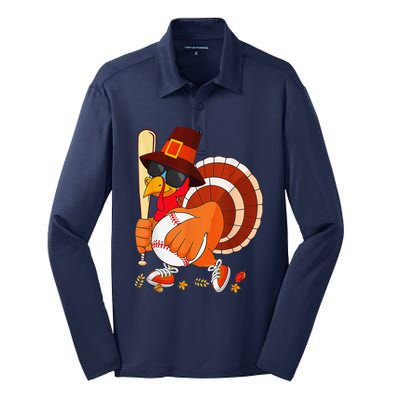 Turkey Playing Baseball Thanksgiving Silk Touch Performance Long Sleeve Polo