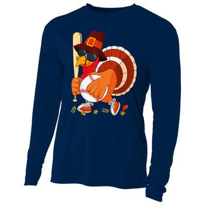 Turkey Playing Baseball Thanksgiving Cooling Performance Long Sleeve Crew