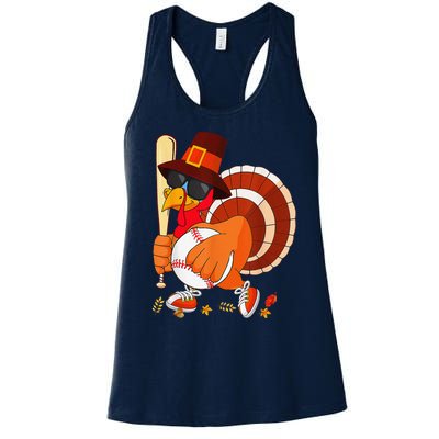 Turkey Playing Baseball Thanksgiving Women's Racerback Tank