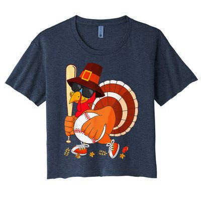 Turkey Playing Baseball Thanksgiving Women's Crop Top Tee