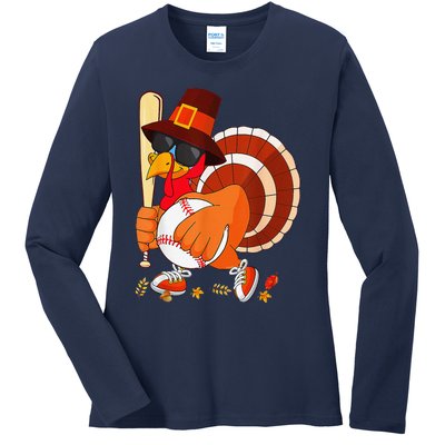 Turkey Playing Baseball Thanksgiving Ladies Long Sleeve Shirt