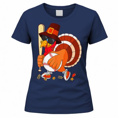 Turkey Playing Baseball Thanksgiving Women's T-Shirt