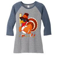 Turkey Playing Baseball Thanksgiving Women's Tri-Blend 3/4-Sleeve Raglan Shirt