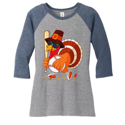 Turkey Playing Baseball Thanksgiving Women's Tri-Blend 3/4-Sleeve Raglan Shirt