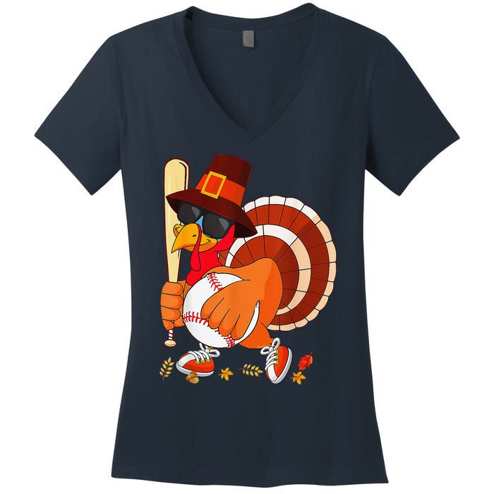 Turkey Playing Baseball Thanksgiving Women's V-Neck T-Shirt