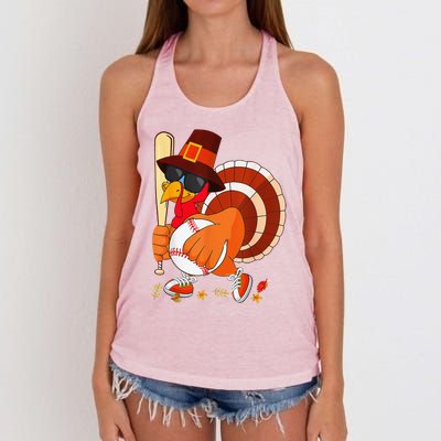 Turkey Playing Baseball Thanksgiving Women's Knotted Racerback Tank