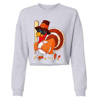 Turkey Playing Baseball Thanksgiving Cropped Pullover Crew