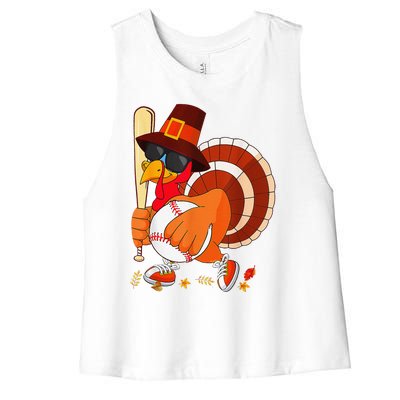 Turkey Playing Baseball Thanksgiving Women's Racerback Cropped Tank