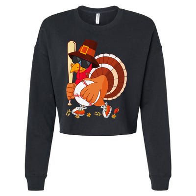 Turkey Playing Baseball Thanksgiving Turkey Baseball Player Cropped Pullover Crew