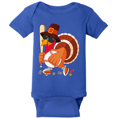 Turkey Playing Baseball Thanksgiving Turkey Baseball Player Baby Bodysuit