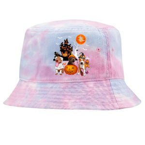 Three Pit Bulls Halloween Mummy Scary Witch With Pumpkins Cute Gift Tie-Dyed Bucket Hat