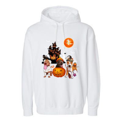 Three Pit Bulls Halloween Mummy Scary Witch With Pumpkins Cute Gift Garment-Dyed Fleece Hoodie