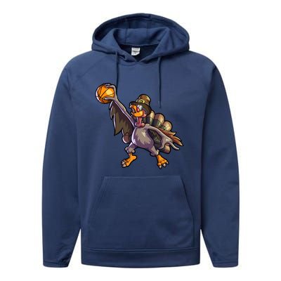 Turkey Playing Basketball Thanksgiving Boys Turkey Gift Performance Fleece Hoodie