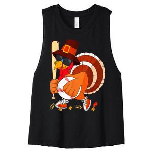 Turkey Playing Baseball Thanksgiving Women's Racerback Cropped Tank