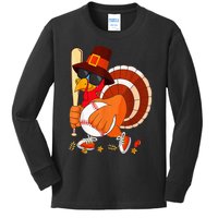 Turkey Playing Baseball Thanksgiving Kids Long Sleeve Shirt