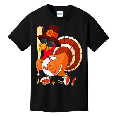 Turkey Playing Baseball Thanksgiving Kids T-Shirt