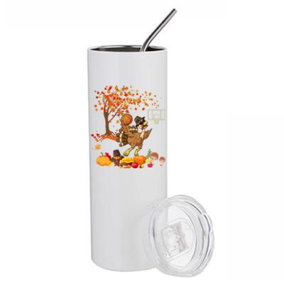 Turkey Playing Basketball Thanksgiving Fall Tree Player Cute Gift Stainless Steel Tumbler