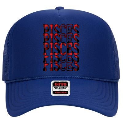 Team Pisces Birthday March February Buffalo Plaid Gift High Crown Mesh Back Trucker Hat