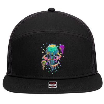 Trippy Psychedelic Colorful Jellyfish 7 Panel Mesh Trucker Snapback Hat