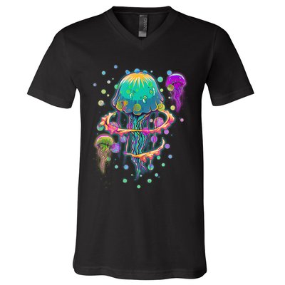 Trippy Psychedelic Colorful Jellyfish V-Neck T-Shirt
