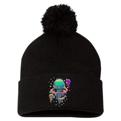 Trippy Psychedelic Colorful Jellyfish Pom Pom 12in Knit Beanie