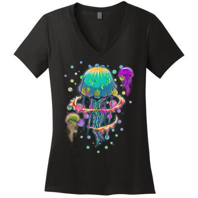 Trippy Psychedelic Colorful Jellyfish Women's V-Neck T-Shirt