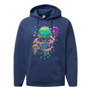 Trippy Psychedelic Colorful Jellyfish Performance Fleece Hoodie