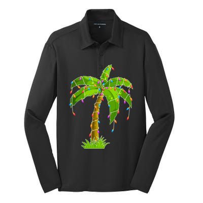 Tropical Palm Christmas Tree With Lights Funny Xmas Novelty Gift Silk Touch Performance Long Sleeve Polo