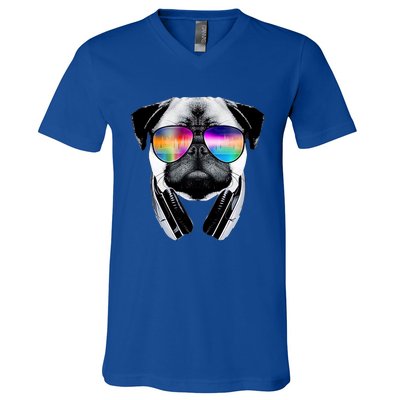 Trippy Pug Dog Wearing Music Equalizer Sunglasses V-Neck T-Shirt