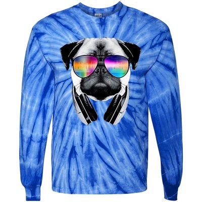 Trippy Pug Dog Wearing Music Equalizer Sunglasses Tie-Dye Long Sleeve Shirt