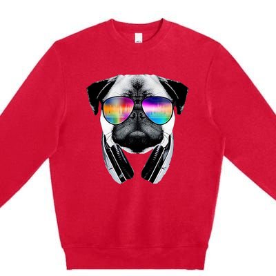 Trippy Pug Dog Wearing Music Equalizer Sunglasses Premium Crewneck Sweatshirt