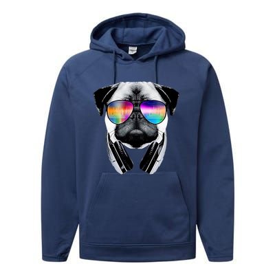 Trippy Pug Dog Wearing Music Equalizer Sunglasses Performance Fleece Hoodie