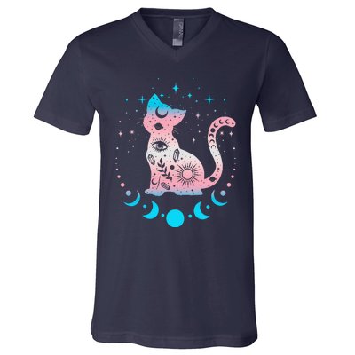 Transg Pride Flag Colors Astronomy Cat V-Neck T-Shirt