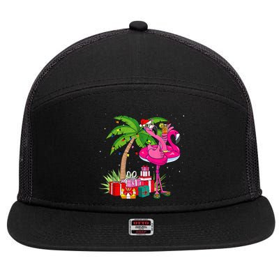 Tropical Pink Flamingo Christmas In July Summer Palm Tree 7 Panel Mesh Trucker Snapback Hat