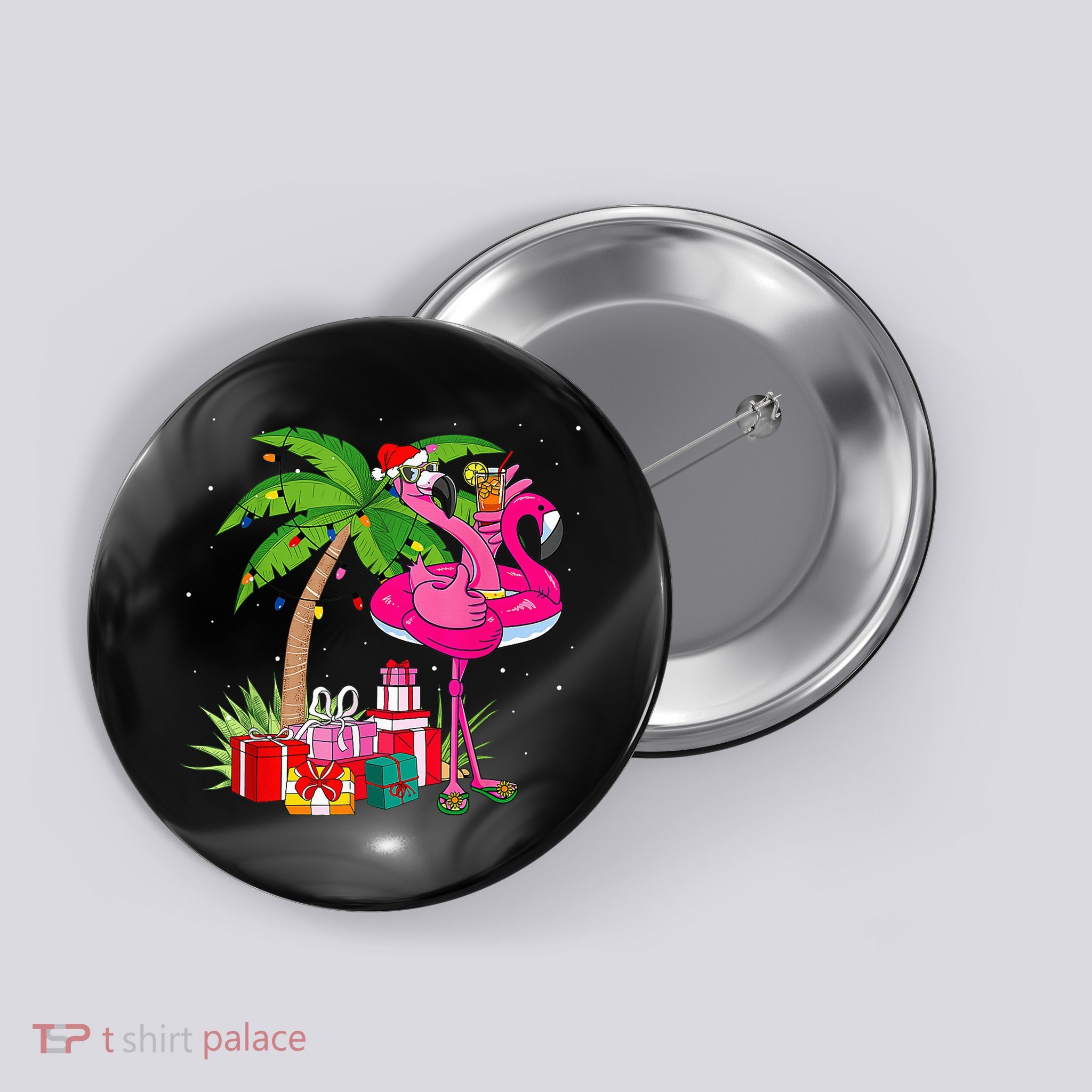 Tropical Pink Flamingo Christmas In July Summer Palm Tree Button