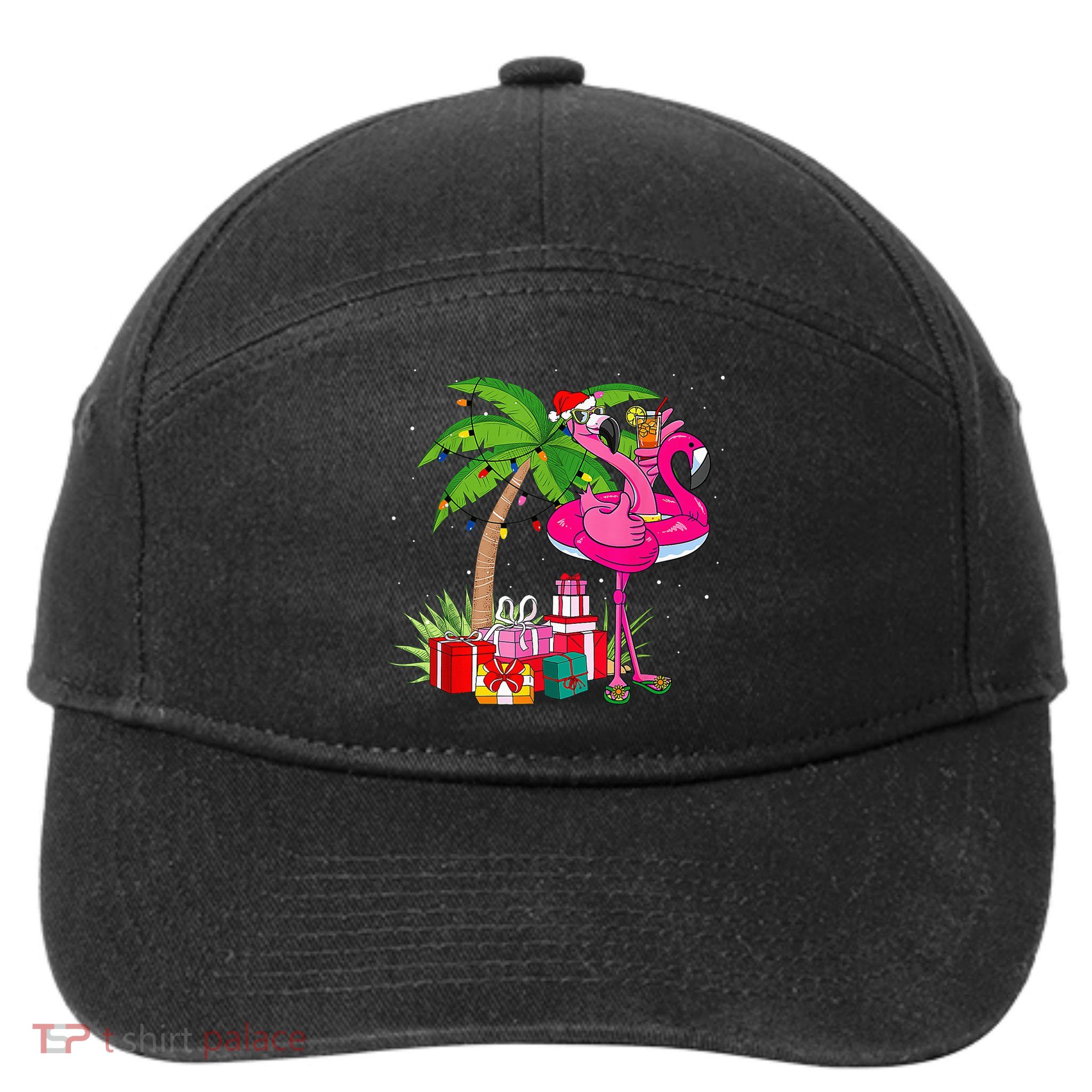 Tropical Pink Flamingo Christmas In July Summer Palm Tree 7-Panel Snapback Hat