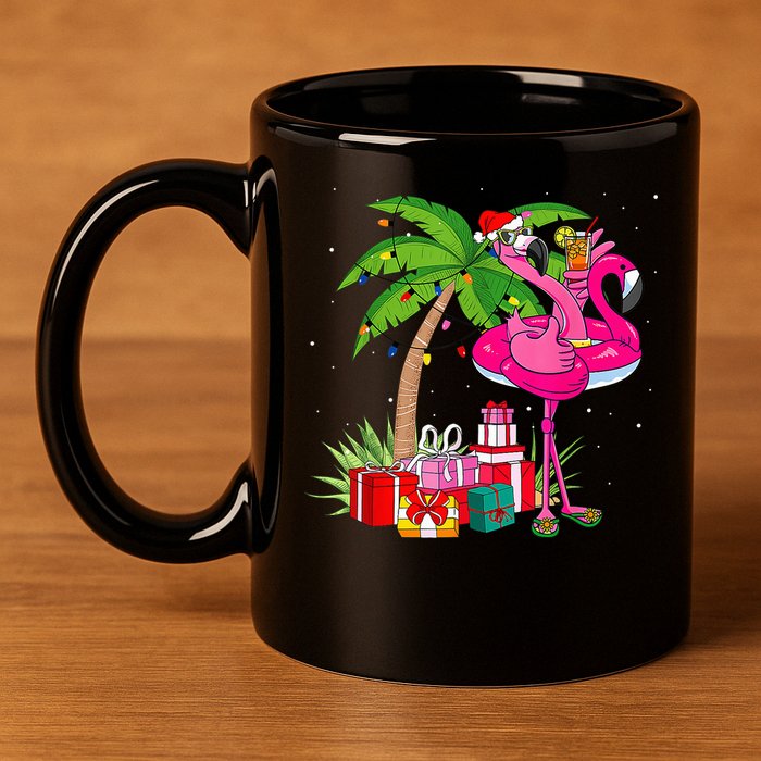 Tropical Pink Flamingo Christmas In July Summer Palm Tree 11oz C Handle Ceramic Mug