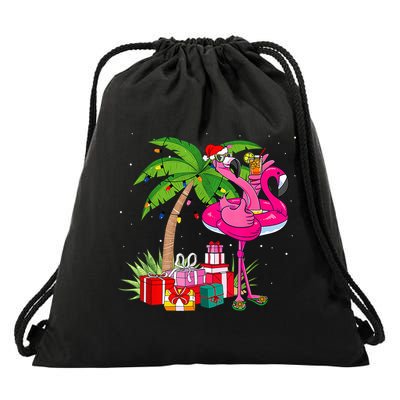 Tropical Pink Flamingo Christmas In July Summer Palm Tree Drawstring Bag