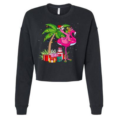Tropical Pink Flamingo Christmas In July Summer Palm Tree Cropped Pullover Crew