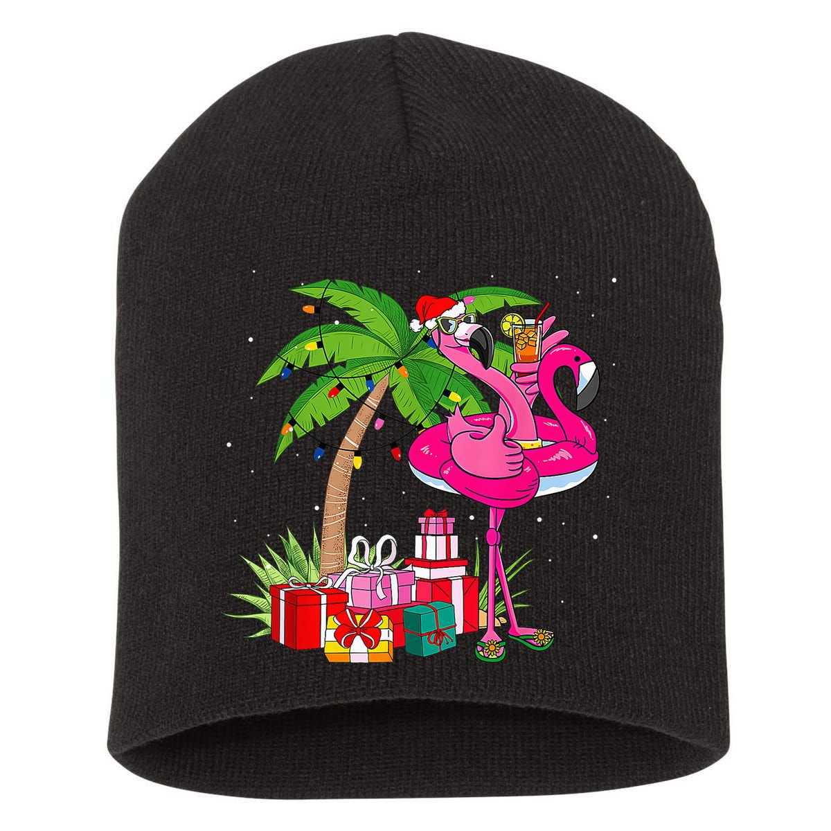 Tropical Pink Flamingo Christmas In July Summer Palm Tree Short Acrylic Beanie