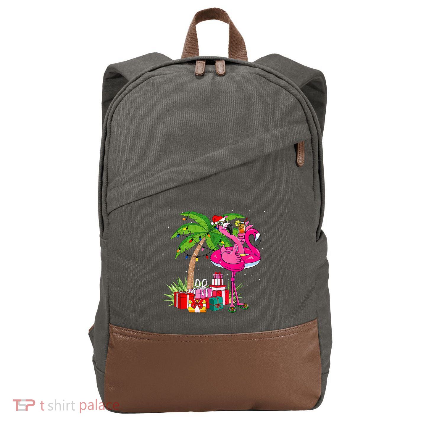 Tropical Pink Flamingo Christmas In July Summer Palm Tree Cotton Canvas Backpack