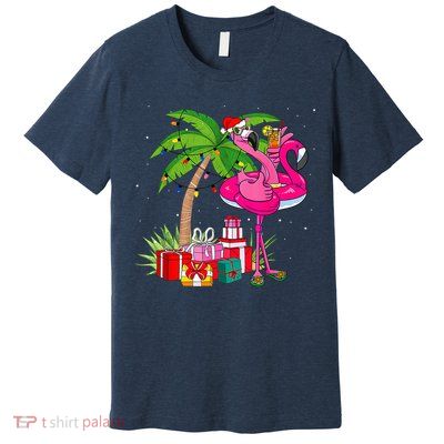 Tropical Pink Flamingo Christmas In July Summer Palm Tree Premium T-Shirt