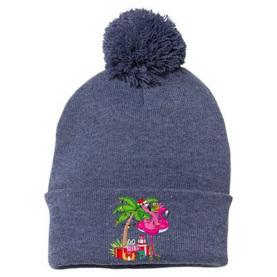 Tropical Pink Flamingo Christmas In July Summer Palm Tree Pom Pom 12in Knit Beanie