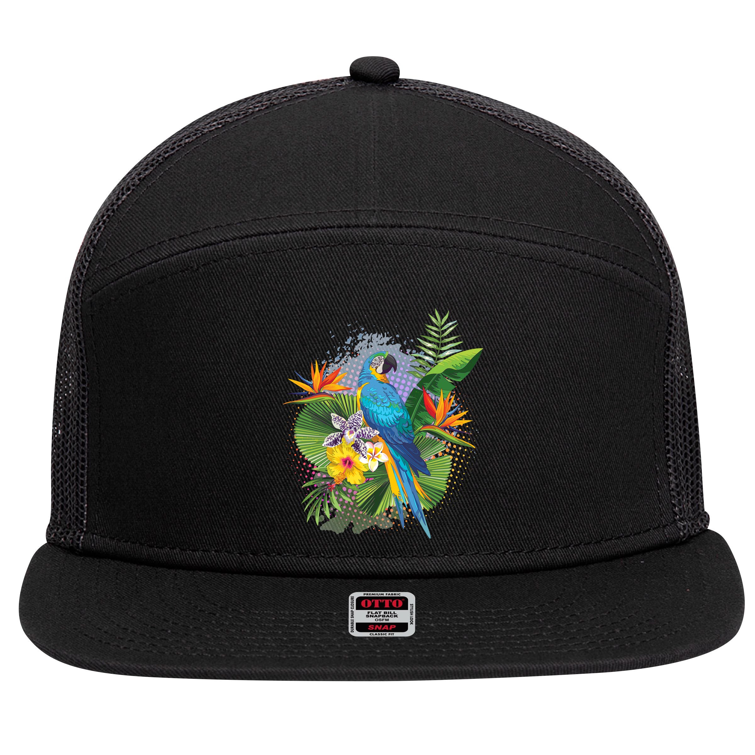 Tropical Paradise Flower Parrot 7 Panel Mesh Trucker Snapback Hat
