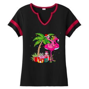 Tropical Pink Flamingo Christmas In July Summer Palm Tree Ladies Halftime Notch Neck Tee