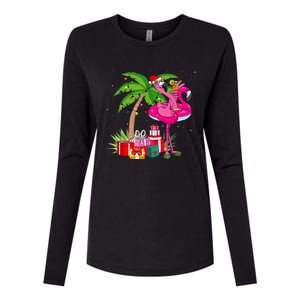 Tropical Pink Flamingo Christmas In July Summer Palm Tree Womens Cotton Relaxed Long Sleeve T-Shirt