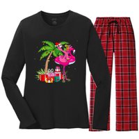 Tropical Pink Flamingo Christmas In July Summer Palm Tree Women's Long Sleeve Flannel Pajama Set 