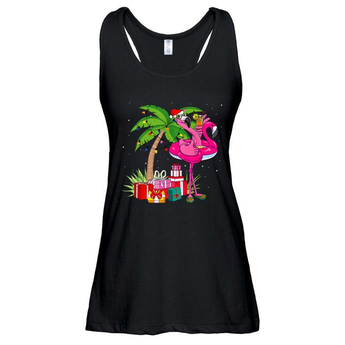 Tropical Pink Flamingo Christmas In July Summer Palm Tree Ladies Essential Flowy Tank