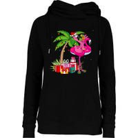 Tropical Pink Flamingo Christmas In July Summer Palm Tree Womens Funnel Neck Pullover Hood