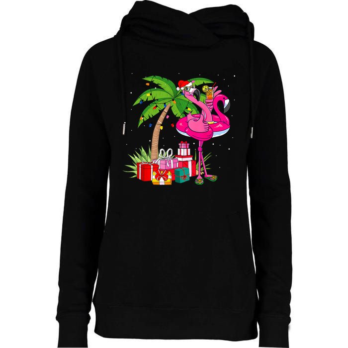 Tropical Pink Flamingo Christmas In July Summer Palm Tree Womens Funnel Neck Pullover Hood